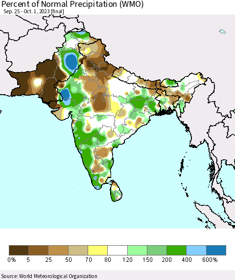 Southern Asia Percent of Normal Precipitation (WMO) Thematic Map For 9/25/2023 - 10/1/2023