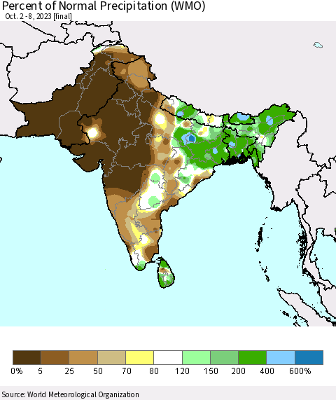 Southern Asia Percent of Normal Precipitation (WMO) Thematic Map For 10/2/2023 - 10/8/2023