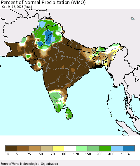 Southern Asia Percent of Normal Precipitation (WMO) Thematic Map For 10/9/2023 - 10/15/2023