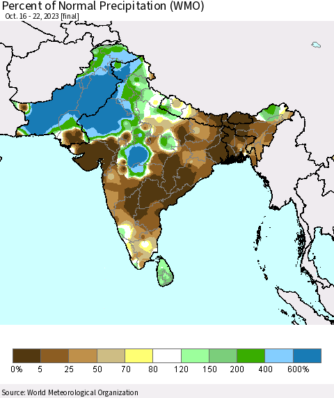 Southern Asia Percent of Normal Precipitation (WMO) Thematic Map For 10/16/2023 - 10/22/2023