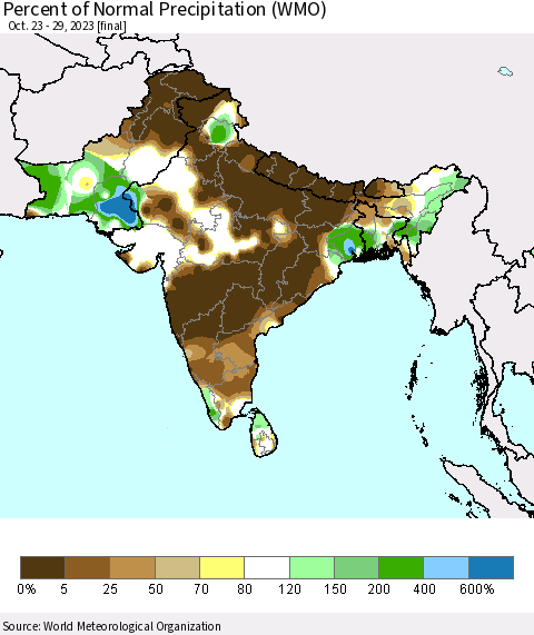 Southern Asia Percent of Normal Precipitation (WMO) Thematic Map For 10/23/2023 - 10/29/2023