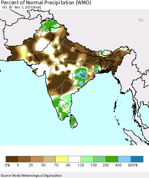 Southern Asia Percent of Normal Precipitation (WMO) Thematic Map For 10/30/2023 - 11/5/2023