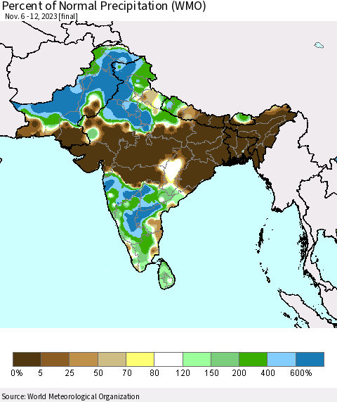Southern Asia Percent of Normal Precipitation (WMO) Thematic Map For 11/6/2023 - 11/12/2023