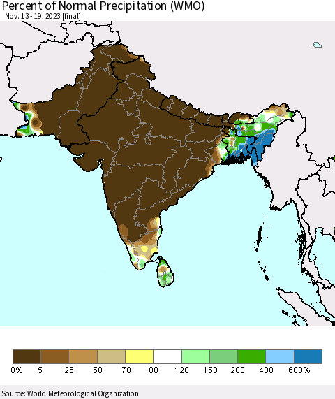 Southern Asia Percent of Normal Precipitation (WMO) Thematic Map For 11/13/2023 - 11/19/2023