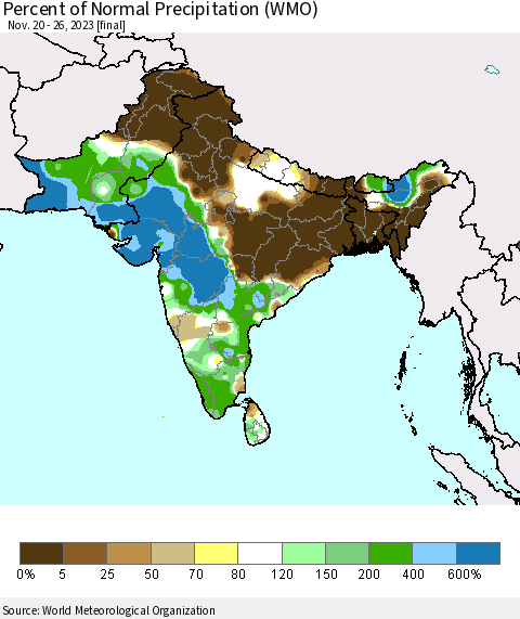 Southern Asia Percent of Normal Precipitation (WMO) Thematic Map For 11/20/2023 - 11/26/2023
