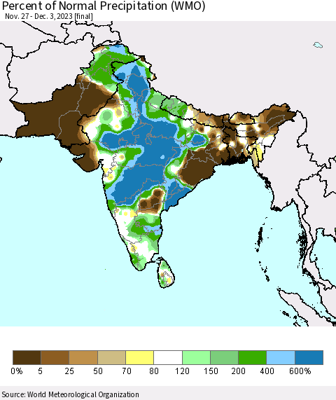 Southern Asia Percent of Normal Precipitation (WMO) Thematic Map For 11/27/2023 - 12/3/2023