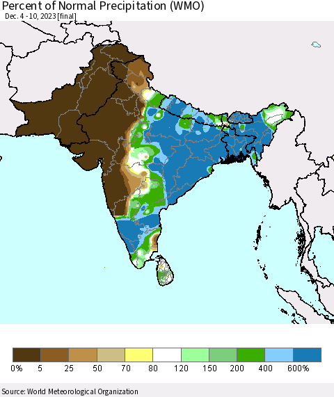 Southern Asia Percent of Normal Precipitation (WMO) Thematic Map For 12/4/2023 - 12/10/2023