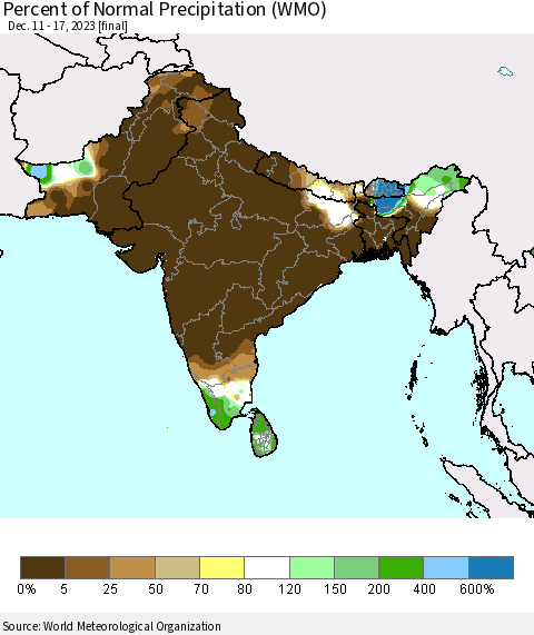 Southern Asia Percent of Normal Precipitation (WMO) Thematic Map For 12/11/2023 - 12/17/2023