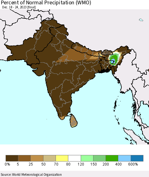 Southern Asia Percent of Normal Precipitation (WMO) Thematic Map For 12/18/2023 - 12/24/2023
