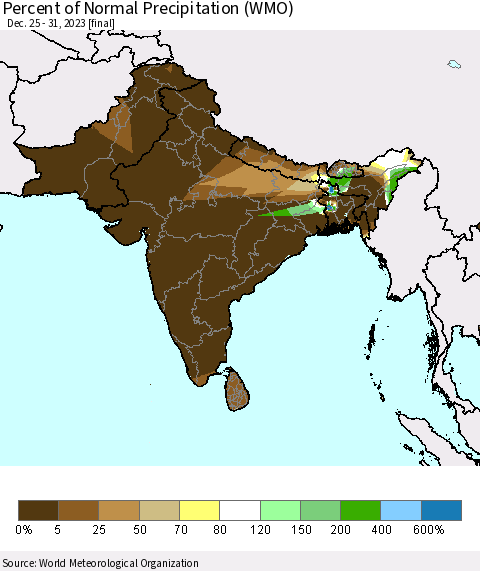 Southern Asia Percent of Normal Precipitation (WMO) Thematic Map For 12/25/2023 - 12/31/2023