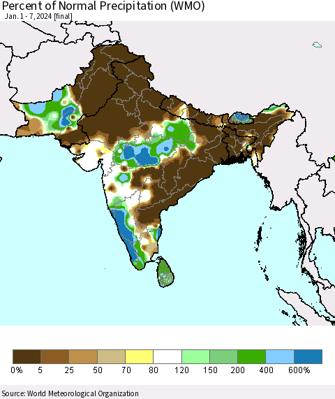 Southern Asia Percent of Normal Precipitation (WMO) Thematic Map For 1/1/2024 - 1/7/2024