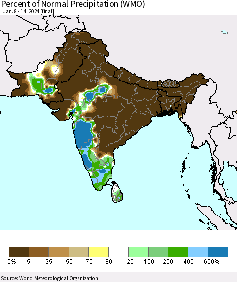 Southern Asia Percent of Normal Precipitation (WMO) Thematic Map For 1/8/2024 - 1/14/2024