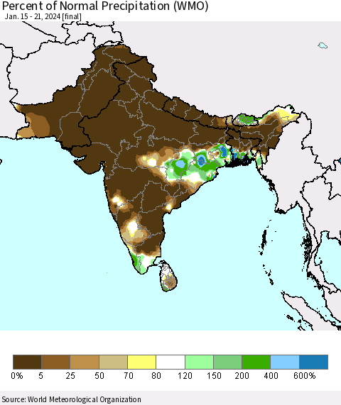 Southern Asia Percent of Normal Precipitation (WMO) Thematic Map For 1/15/2024 - 1/21/2024