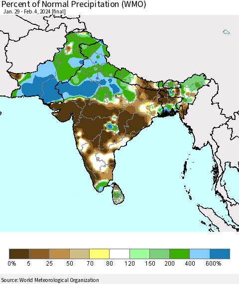 Southern Asia Percent of Normal Precipitation (WMO) Thematic Map For 1/29/2024 - 2/4/2024
