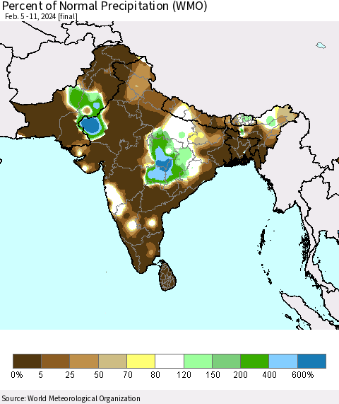 Southern Asia Percent of Normal Precipitation (WMO) Thematic Map For 2/5/2024 - 2/11/2024