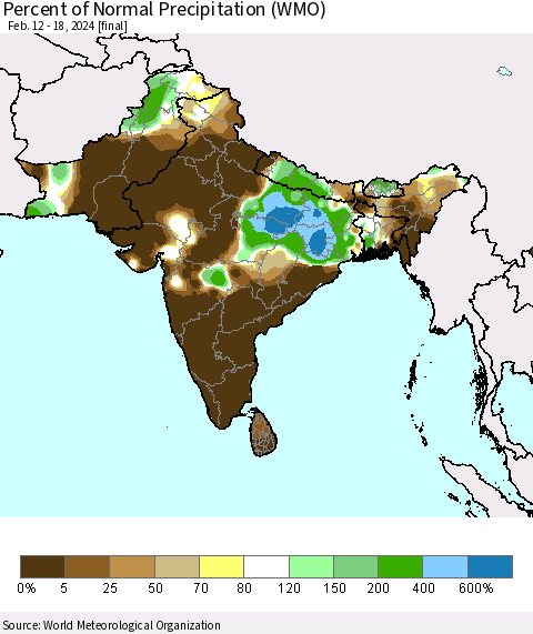 Southern Asia Percent of Normal Precipitation (WMO) Thematic Map For 2/12/2024 - 2/18/2024