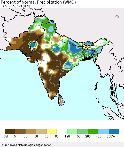 Southern Asia Percent of Normal Precipitation (WMO) Thematic Map For 2/19/2024 - 2/25/2024