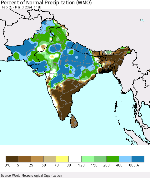 Southern Asia Percent of Normal Precipitation (WMO) Thematic Map For 2/26/2024 - 3/3/2024