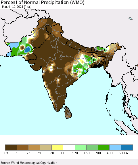 Southern Asia Percent of Normal Precipitation (WMO) Thematic Map For 3/4/2024 - 3/10/2024
