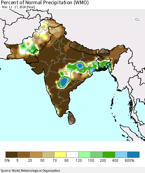 Southern Asia Percent of Normal Precipitation (WMO) Thematic Map For 3/11/2024 - 3/17/2024