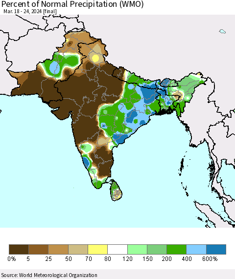 Southern Asia Percent of Normal Precipitation (WMO) Thematic Map For 3/18/2024 - 3/24/2024