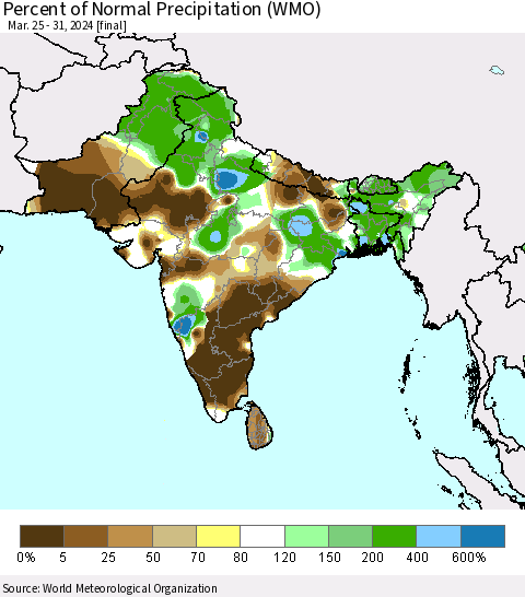 Southern Asia Percent of Normal Precipitation (WMO) Thematic Map For 3/25/2024 - 3/31/2024