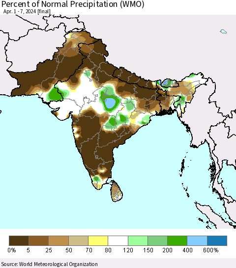 Southern Asia Percent of Normal Precipitation (WMO) Thematic Map For 4/1/2024 - 4/7/2024