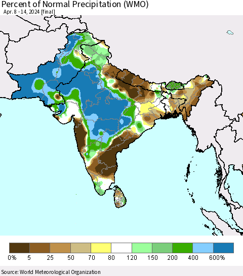 Southern Asia Percent of Normal Precipitation (WMO) Thematic Map For 4/8/2024 - 4/14/2024