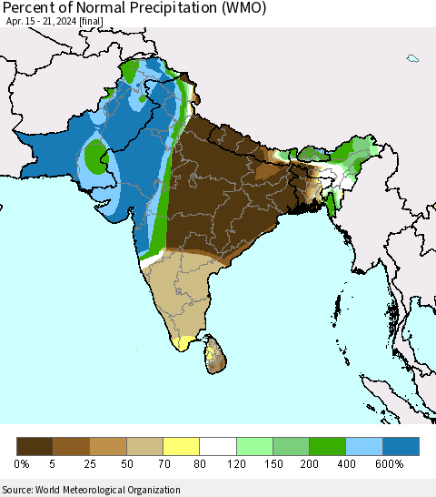 Southern Asia Percent of Normal Precipitation (WMO) Thematic Map For 4/15/2024 - 4/21/2024