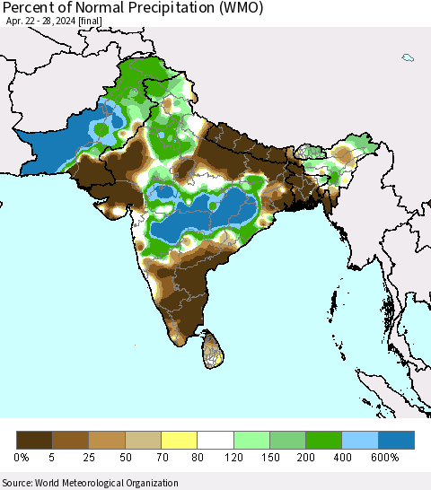 Southern Asia Percent of Normal Precipitation (WMO) Thematic Map For 4/22/2024 - 4/28/2024