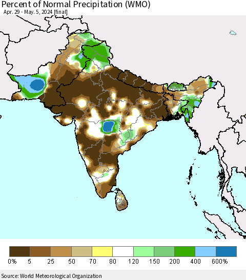 Southern Asia Percent of Normal Precipitation (WMO) Thematic Map For 4/29/2024 - 5/5/2024