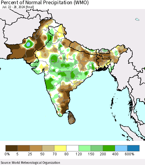 Southern Asia Percent of Normal Precipitation (WMO) Thematic Map For 7/22/2024 - 7/28/2024
