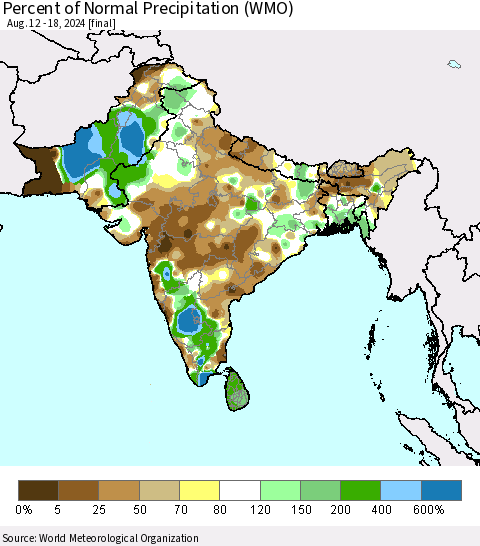 Southern Asia Percent of Normal Precipitation (WMO) Thematic Map For 8/12/2024 - 8/18/2024