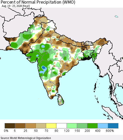 Southern Asia Percent of Normal Precipitation (WMO) Thematic Map For 8/19/2024 - 8/25/2024
