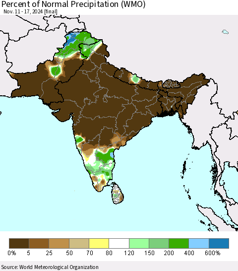 Southern Asia Percent of Normal Precipitation (WMO) Thematic Map For 11/11/2024 - 11/17/2024