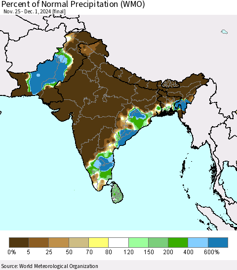 Southern Asia Percent of Normal Precipitation (WMO) Thematic Map For 11/25/2024 - 12/1/2024