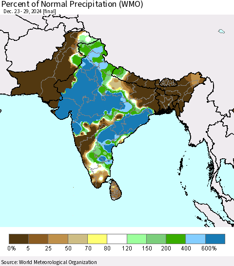 Southern Asia Percent of Normal Precipitation (WMO) Thematic Map For 12/23/2024 - 12/29/2024