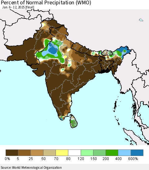 Southern Asia Percent of Normal Precipitation (WMO) Thematic Map For 1/6/2025 - 1/12/2025