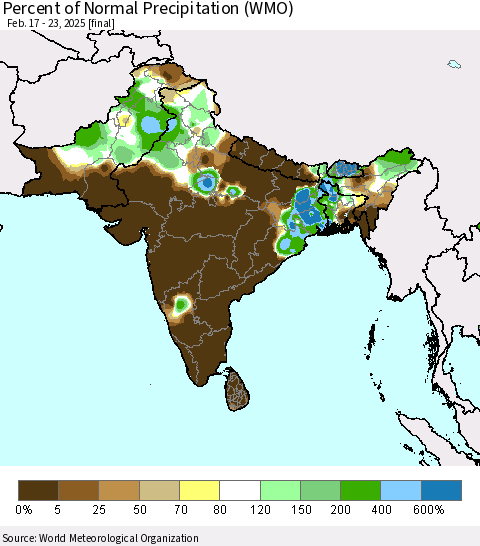 Southern Asia Percent of Normal Precipitation (WMO) Thematic Map For 2/17/2025 - 2/23/2025