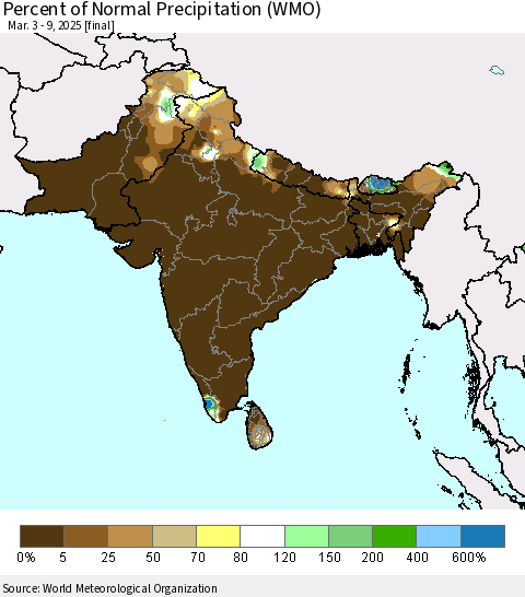 Southern Asia Percent of Normal Precipitation (WMO) Thematic Map For 3/3/2025 - 3/9/2025