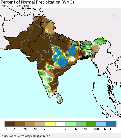Southern Asia Percent of Normal Precipitation (WMO) Thematic Map For 4/21/2025 - 4/27/2025