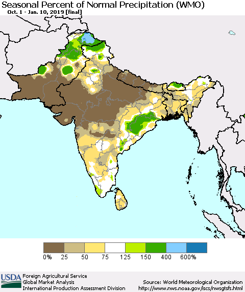 Southern Asia Seasonal Percent of Normal Precipitation (WMO) Thematic Map For 10/1/2018 - 1/10/2019