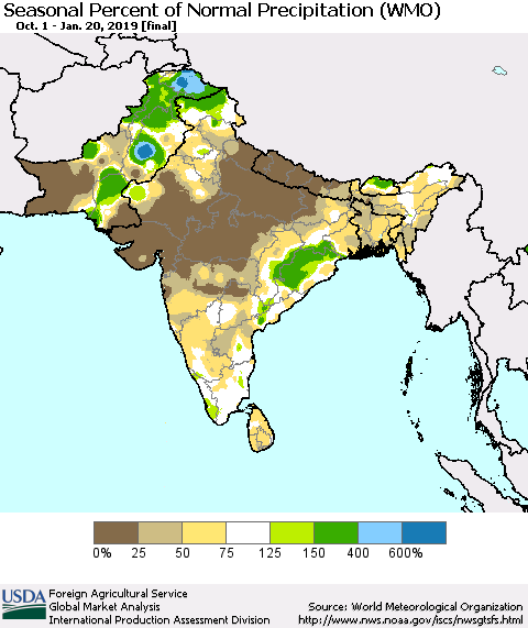 Southern Asia Seasonal Percent of Normal Precipitation (WMO) Thematic Map For 10/1/2018 - 1/20/2019