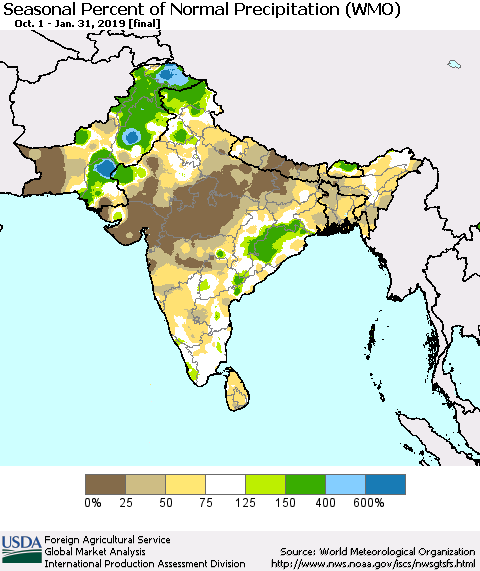 Southern Asia Seasonal Percent of Normal Precipitation (WMO) Thematic Map For 10/1/2018 - 1/31/2019