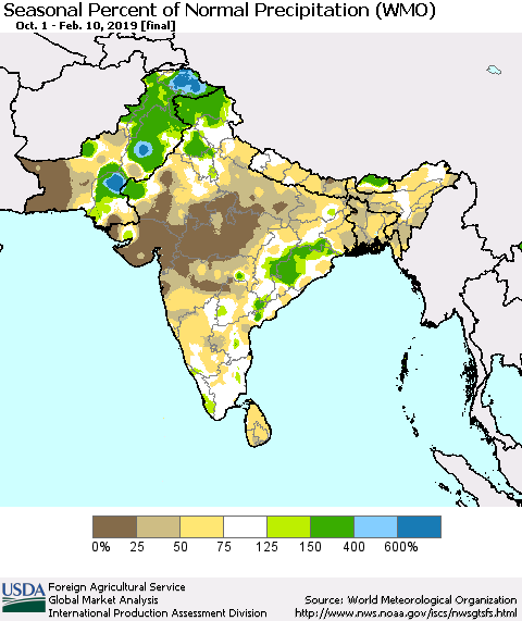 Southern Asia Seasonal Percent of Normal Precipitation (WMO) Thematic Map For 10/1/2018 - 2/10/2019
