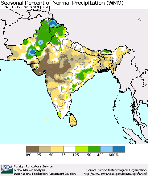 Southern Asia Seasonal Percent of Normal Precipitation (WMO) Thematic Map For 10/1/2018 - 2/20/2019