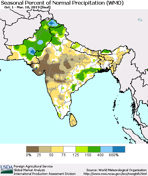 Southern Asia Seasonal Percent of Normal Precipitation (WMO) Thematic Map For 10/1/2018 - 3/10/2019