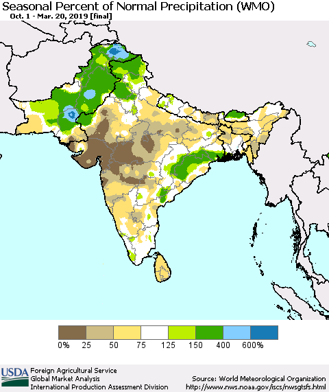 Southern Asia Seasonal Percent of Normal Precipitation (WMO) Thematic Map For 10/1/2018 - 3/20/2019