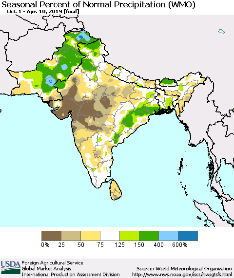 Southern Asia Seasonal Percent of Normal Precipitation (WMO) Thematic Map For 10/1/2018 - 4/10/2019
