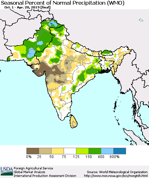 Southern Asia Seasonal Percent of Normal Precipitation (WMO) Thematic Map For 10/1/2018 - 4/20/2019